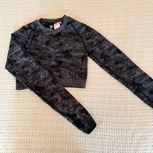 Gymshark cropped long sleeve top black and grey camouflage pattern in medium